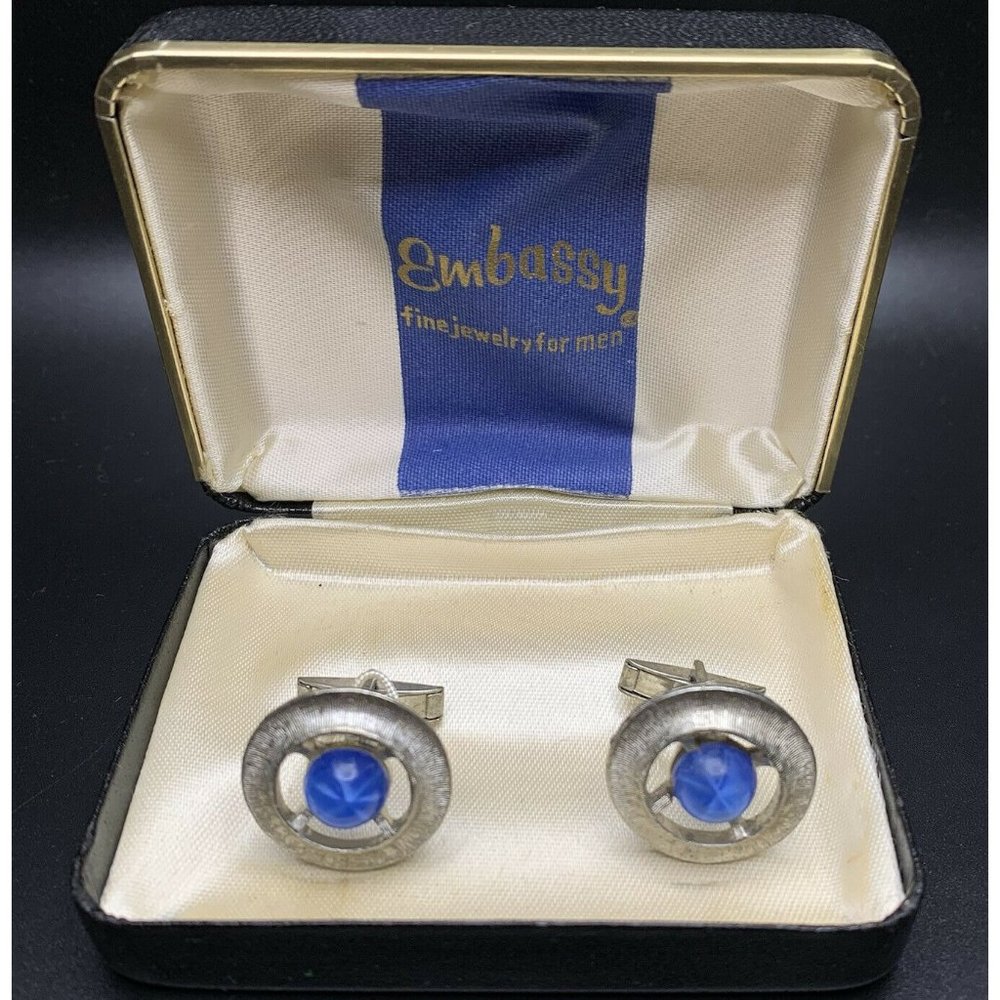 Embassy Faux Star Sapphire Cufflinks Vintage Brushed Silver Tone Blue in Box
